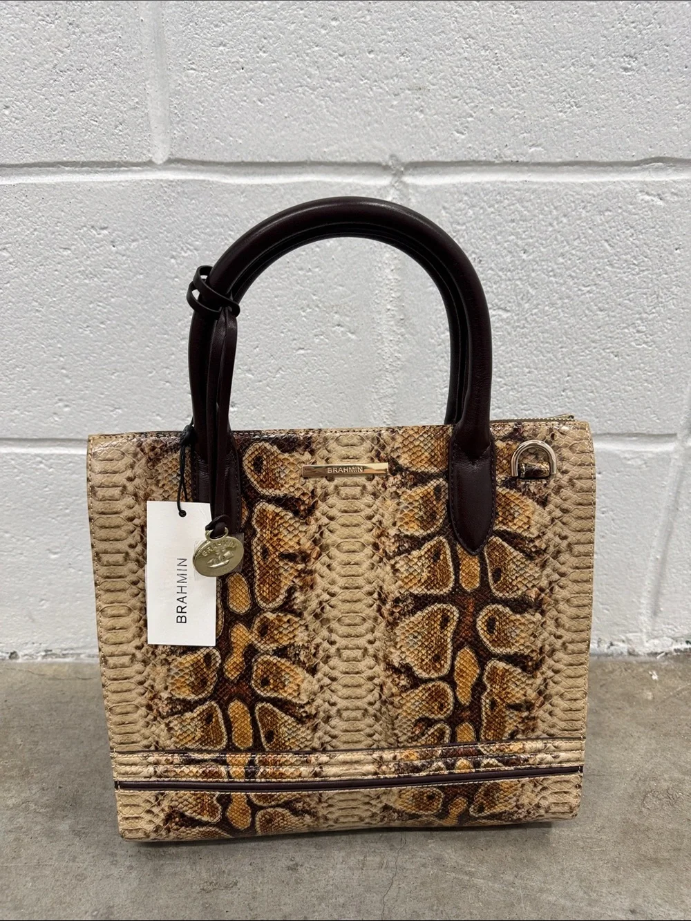 Brahmin “Caroline Hazelnut” Brown & Tan Snake-Print Leather Satchel